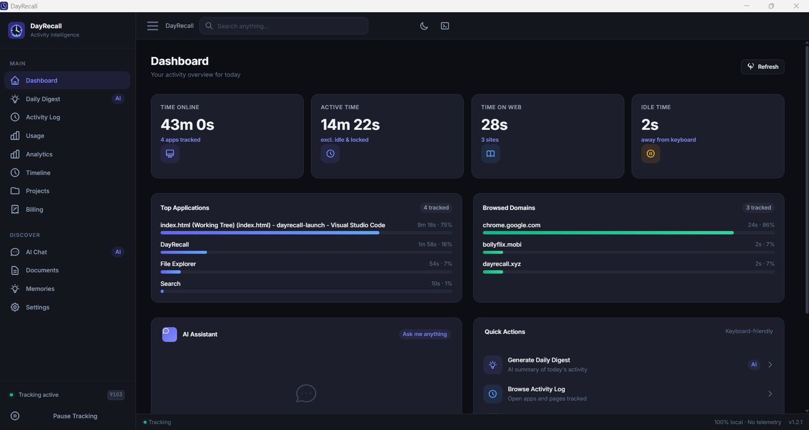 DayRecall desktop dashboard showing a local activity overview